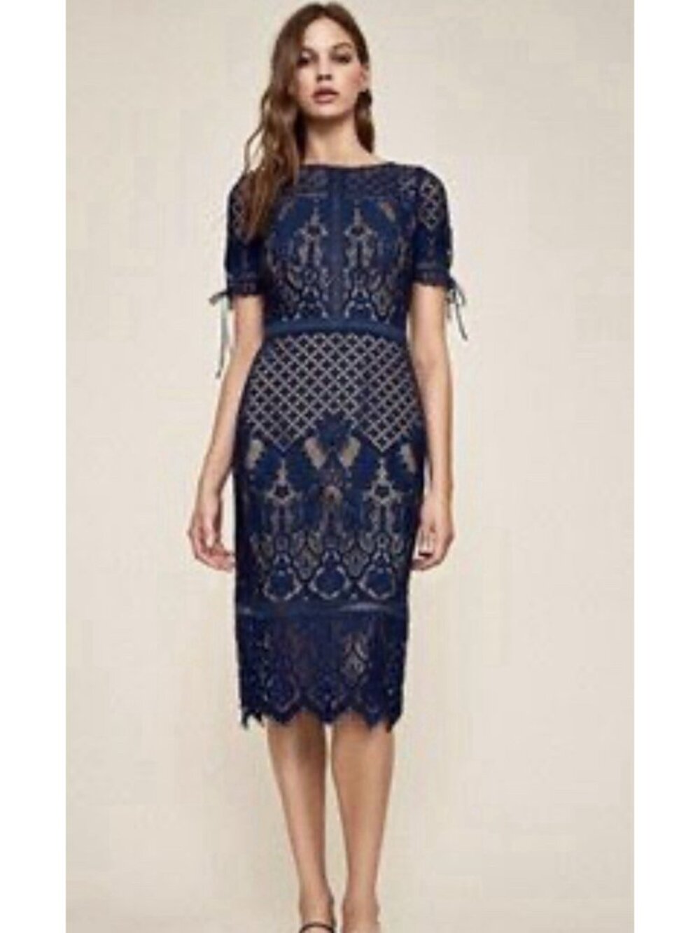 Tadashi Shoji Midnight Navy Lace Midi Dress with Tie Sleeves